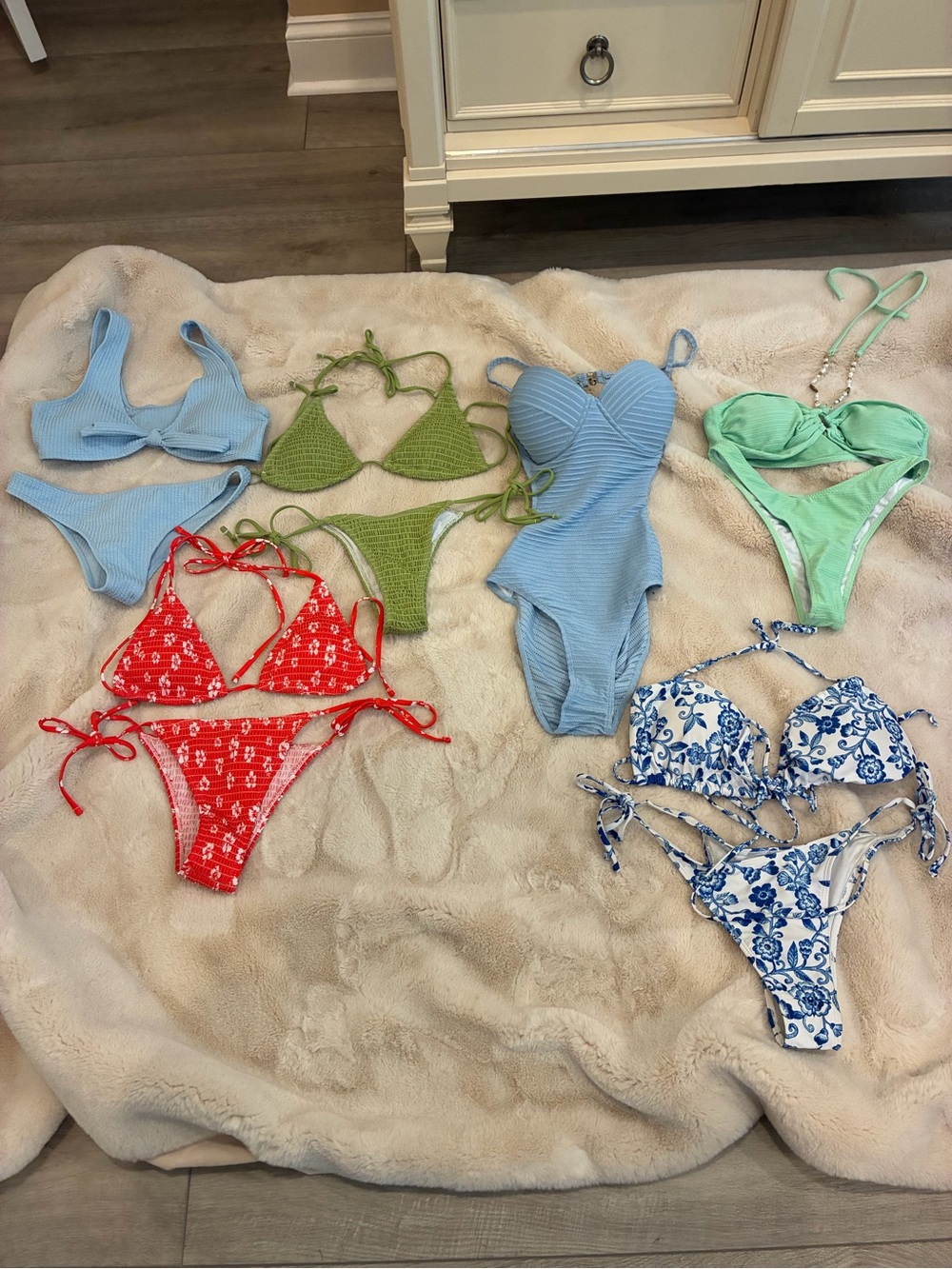 SHEIN Mixed Bikini & One-Piece Set — Light Blue, Mint, Olive, Red, White/Blue